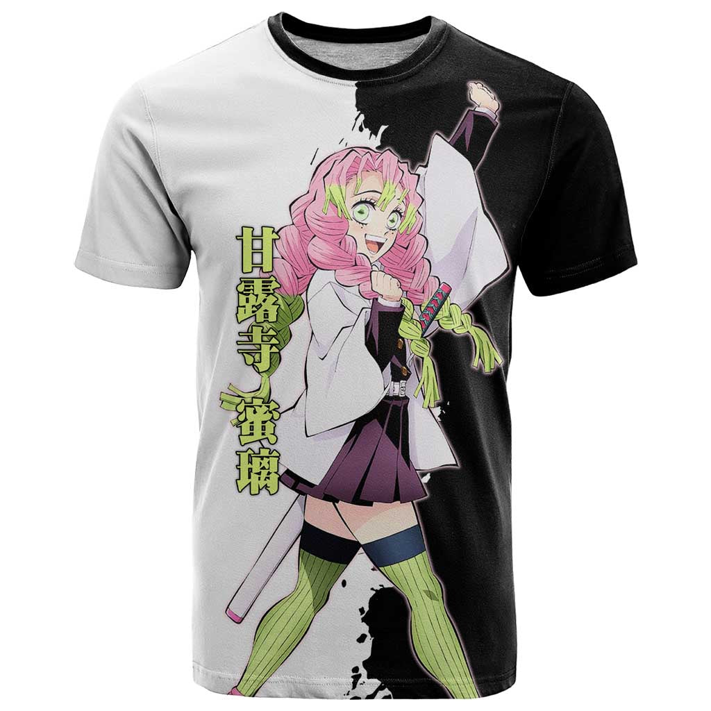 Mitsuri Kanroji from Demon Slayer T Shirt with Black and White Split Background and Energetic Sword Pose Manga Style Design - The Mazicc