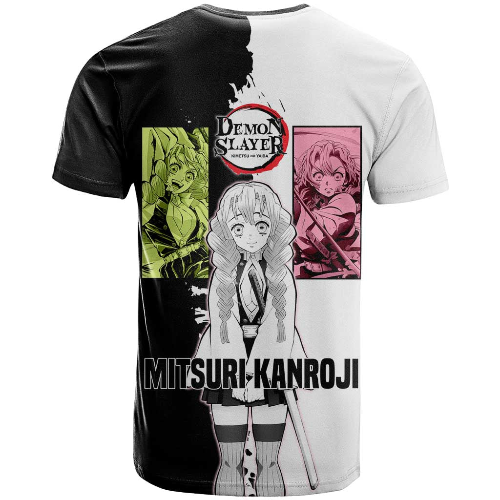 Mitsuri Kanroji from Demon Slayer T Shirt with Black and White Split Background and Energetic Sword Pose Manga Style Design - The Mazicc