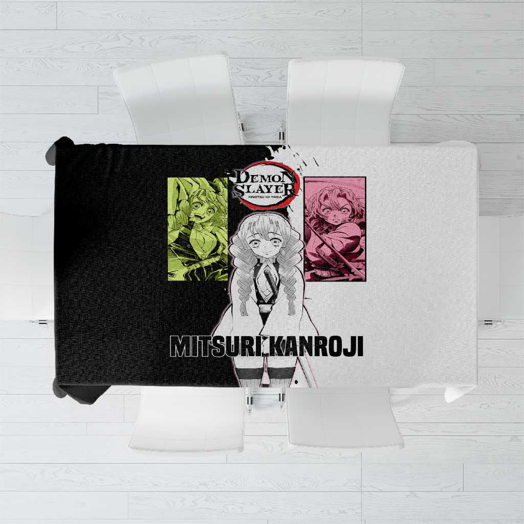 Mitsuri Kanroji from Demon Slayer Tablecloth with Black and White Split Background and Energetic Sword Pose Manga Style Design - The Mazicc