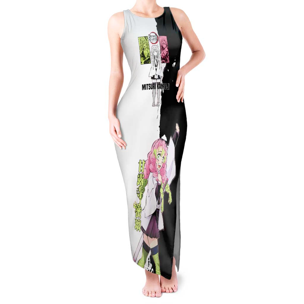 Mitsuri Kanroji from Demon Slayer Tank Maxi Dress with Black and White Split Background and Energetic Sword Pose Manga Style Design - The Mazicc