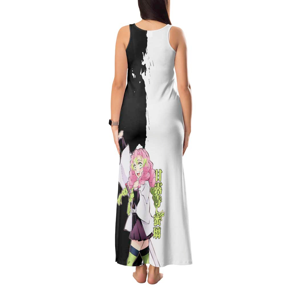 Mitsuri Kanroji from Demon Slayer Tank Maxi Dress with Black and White Split Background and Energetic Sword Pose Manga Style Design - The Mazicc