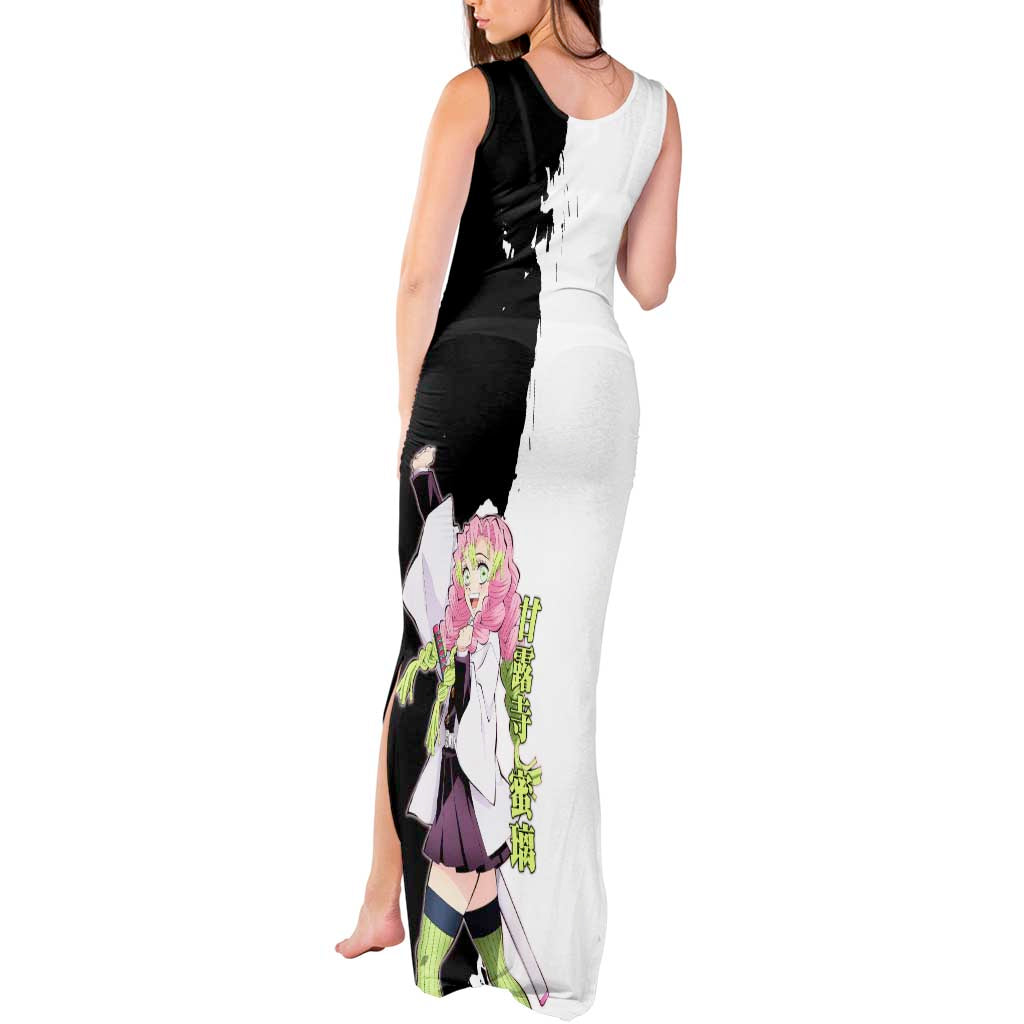 Mitsuri Kanroji from Demon Slayer Tank Maxi Dress with Black and White Split Background and Energetic Sword Pose Manga Style Design - The Mazicc