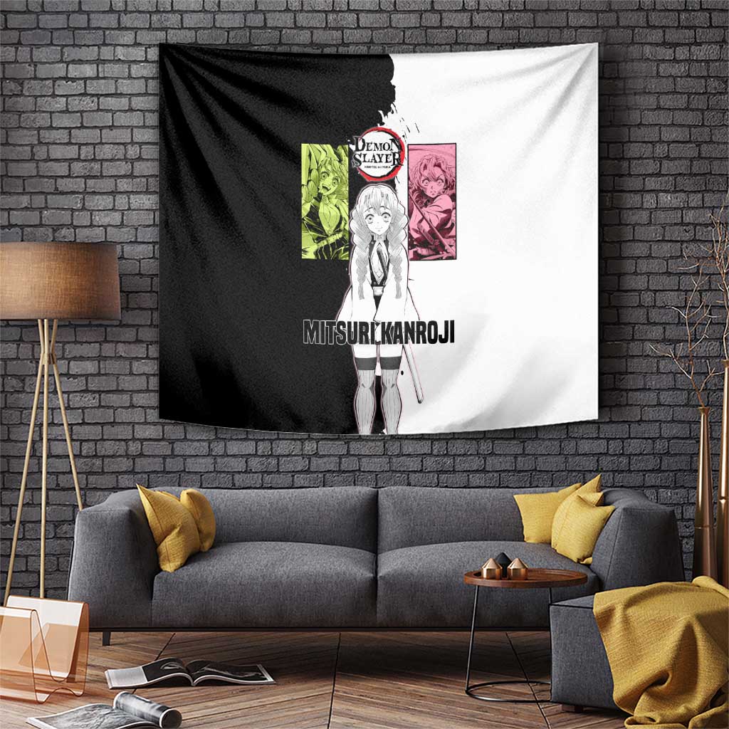Mitsuri Kanroji from Demon Slayer Tapestry with Black and White Split Background and Energetic Sword Pose Manga Style Design - The Mazicc