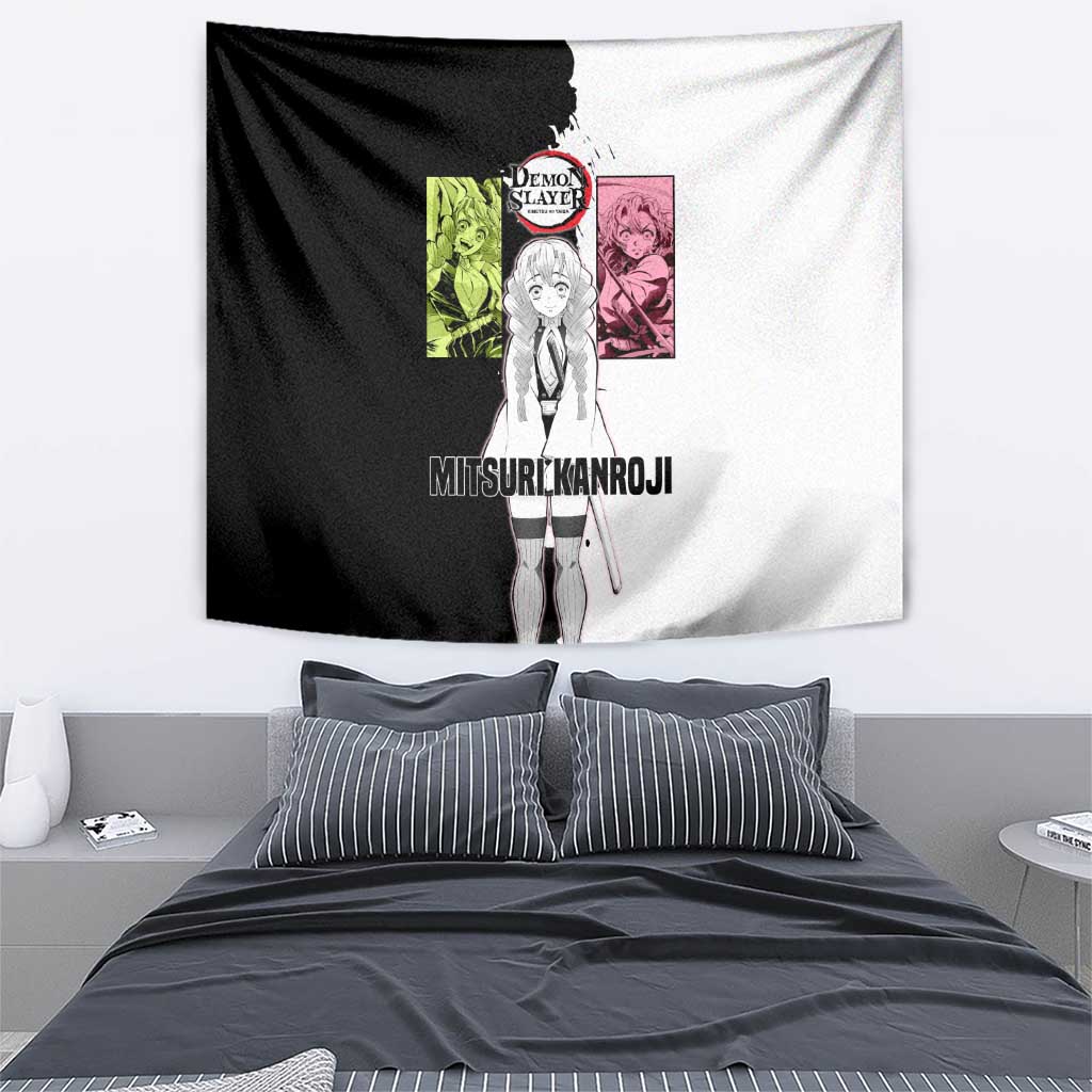 Mitsuri Kanroji from Demon Slayer Tapestry with Black and White Split Background and Energetic Sword Pose Manga Style Design - The Mazicc