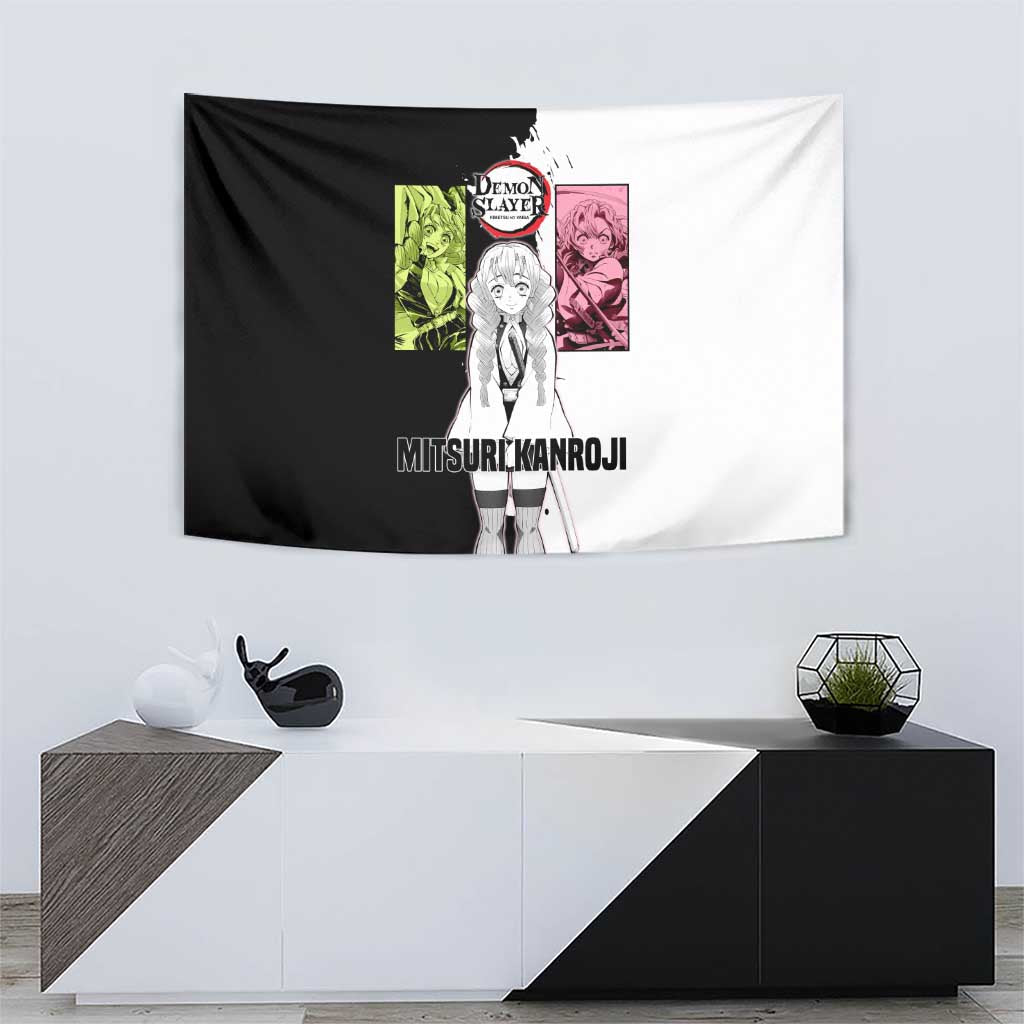 Mitsuri Kanroji from Demon Slayer Tapestry with Black and White Split Background and Energetic Sword Pose Manga Style Design - The Mazicc