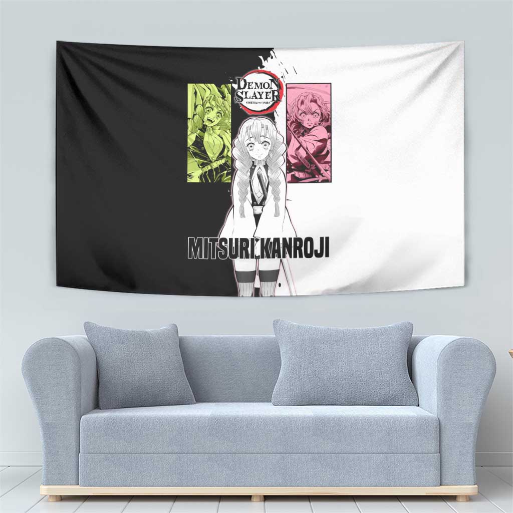 Mitsuri Kanroji from Demon Slayer Tapestry with Black and White Split Background and Energetic Sword Pose Manga Style Design - The Mazicc