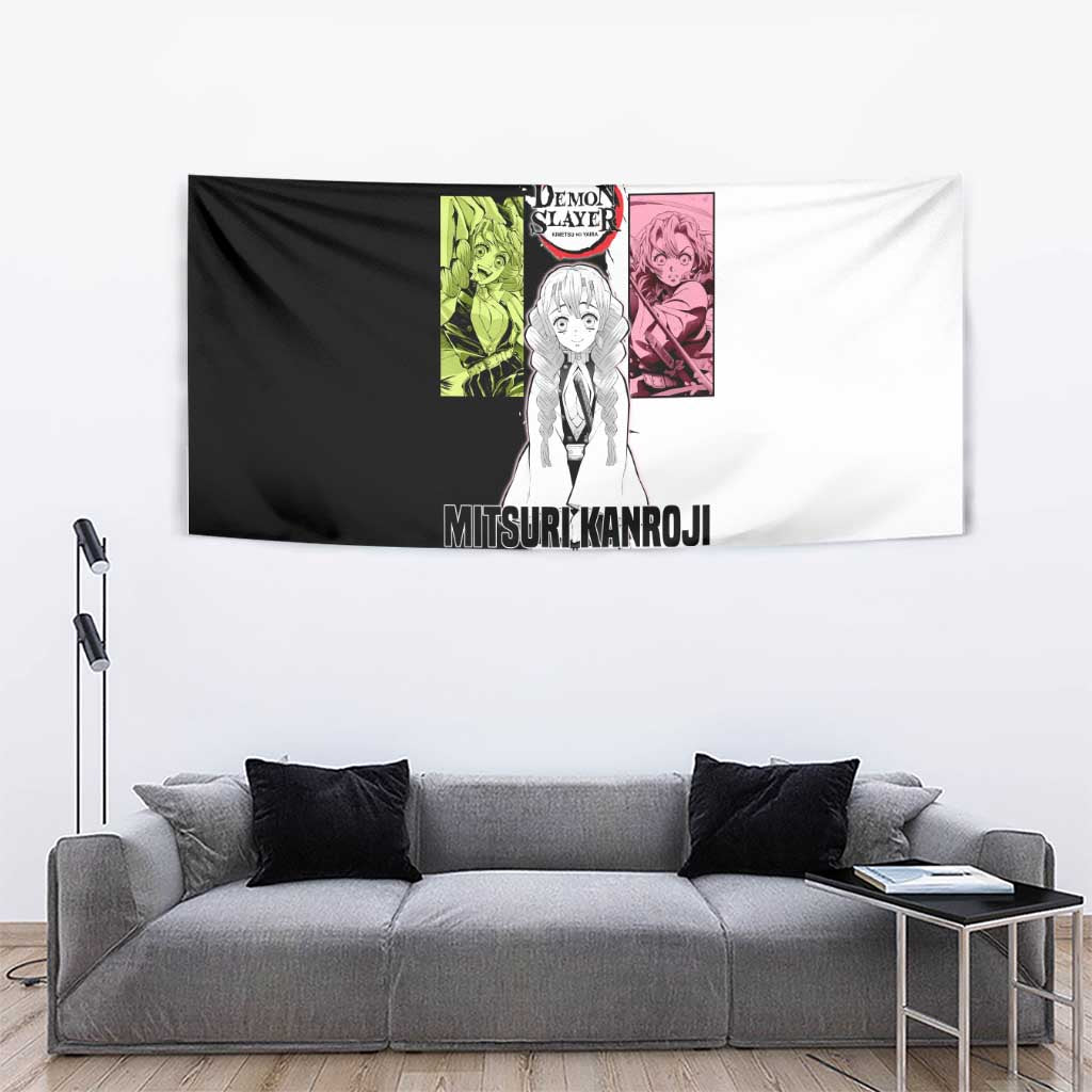 Mitsuri Kanroji from Demon Slayer Tapestry with Black and White Split Background and Energetic Sword Pose Manga Style Design - The Mazicc