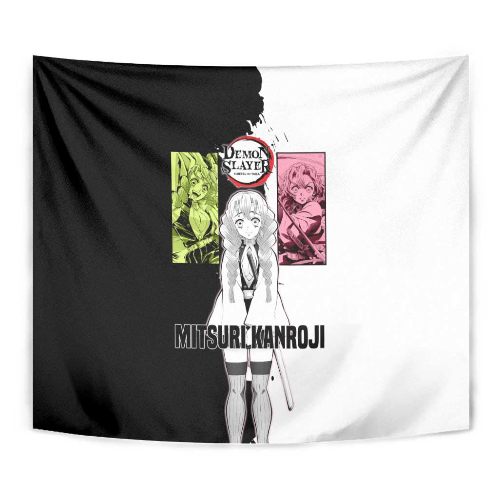 Mitsuri Kanroji from Demon Slayer Tapestry with Black and White Split Background and Energetic Sword Pose Manga Style Design - The Mazicc