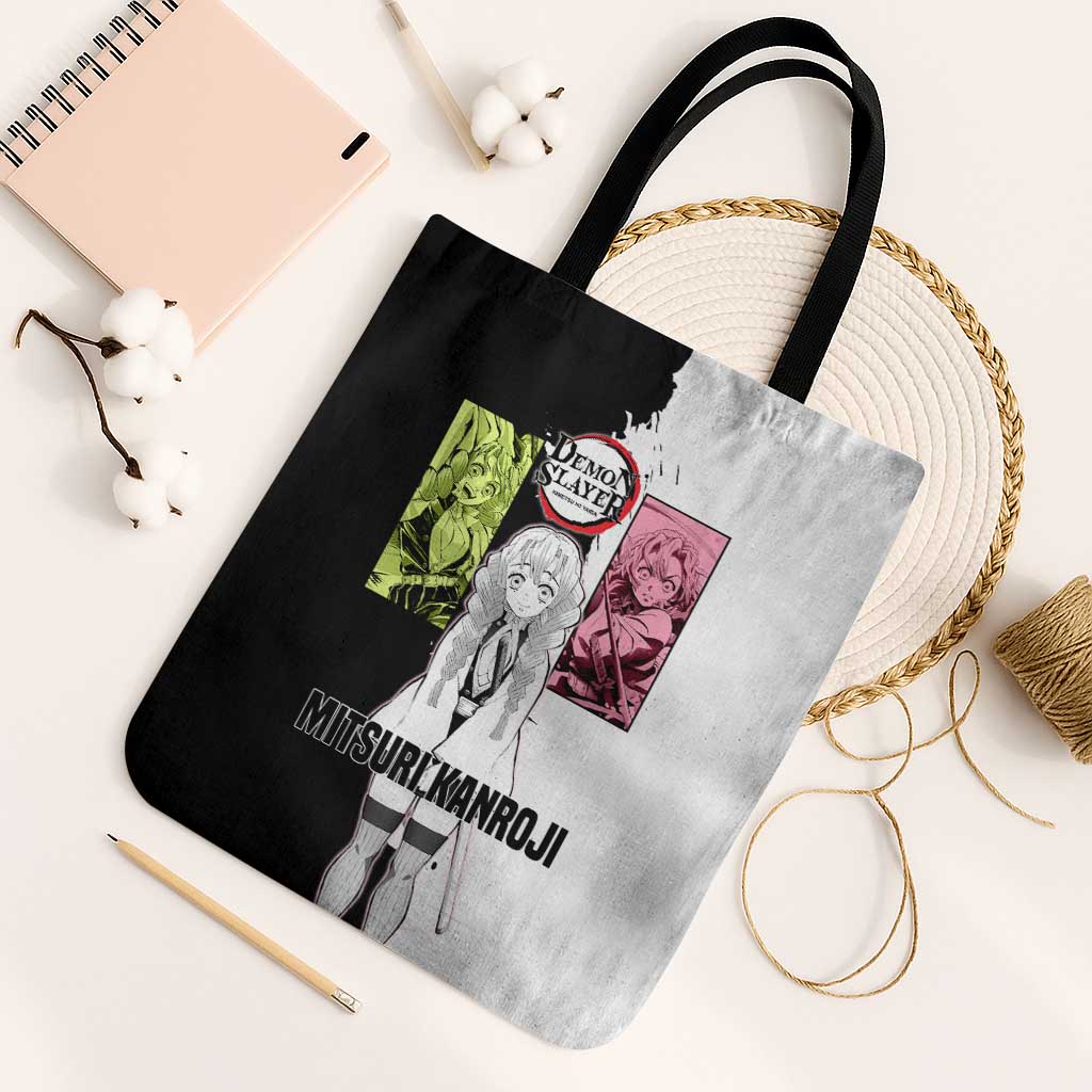 Mitsuri Kanroji from Demon Slayer Tote Bag with Black and White Split Background and Energetic Sword Pose Manga Style Design - The Mazicc