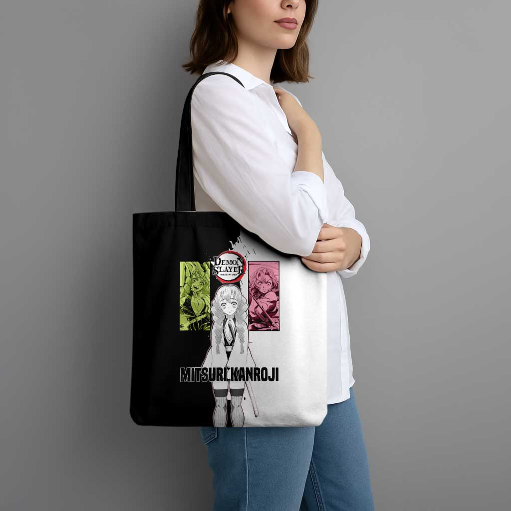 Mitsuri Kanroji from Demon Slayer Tote Bag with Black and White Split Background and Energetic Sword Pose Manga Style Design - The Mazicc