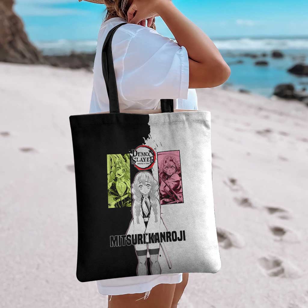 Mitsuri Kanroji from Demon Slayer Tote Bag with Black and White Split Background and Energetic Sword Pose Manga Style Design - The Mazicc