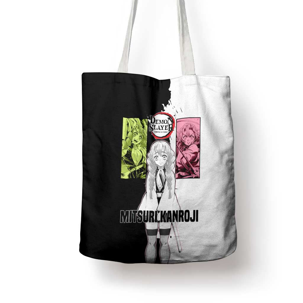 Mitsuri Kanroji from Demon Slayer Tote Bag with Black and White Split Background and Energetic Sword Pose Manga Style Design - The Mazicc