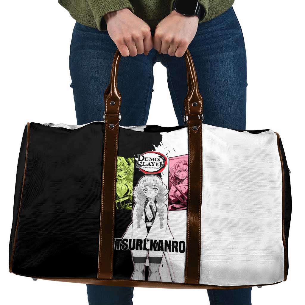 Mitsuri Kanroji from Demon Slayer Travel Bag with Black and White Split Background and Energetic Sword Pose Manga Style Design - The Mazicc