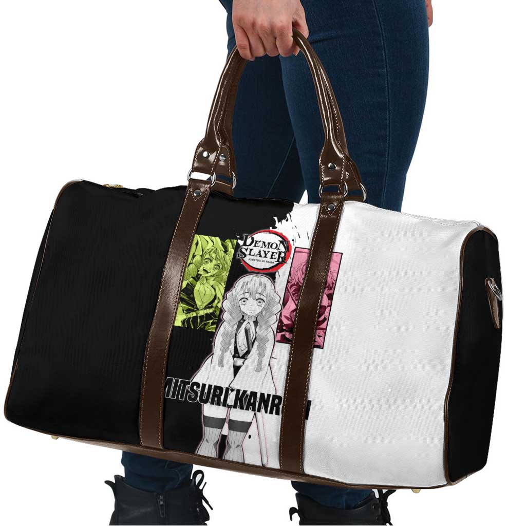 Mitsuri Kanroji from Demon Slayer Travel Bag with Black and White Split Background and Energetic Sword Pose Manga Style Design - The Mazicc