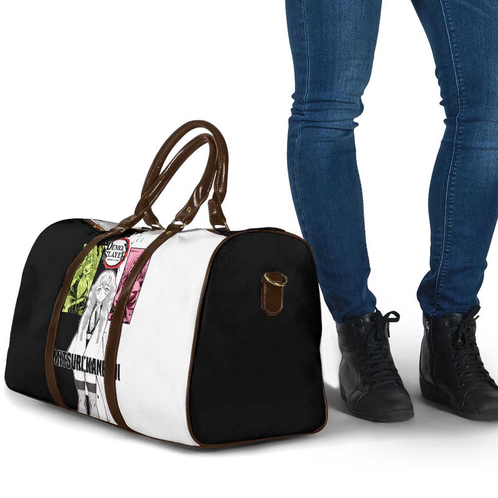 Mitsuri Kanroji from Demon Slayer Travel Bag with Black and White Split Background and Energetic Sword Pose Manga Style Design - The Mazicc