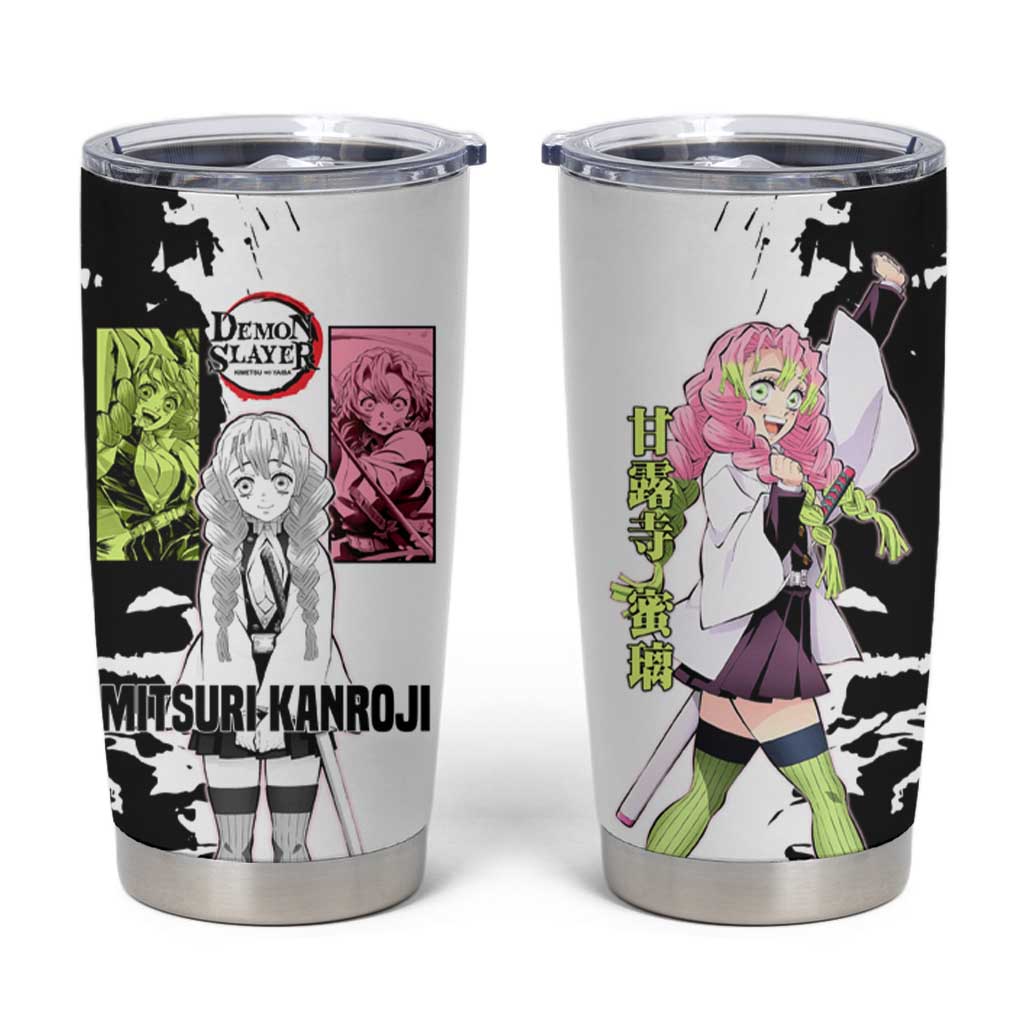 Mitsuri Kanroji from Demon Slayer Tumbler Cup with Black and White Split Background and Energetic Sword Pose Manga Style Design - The Mazicc