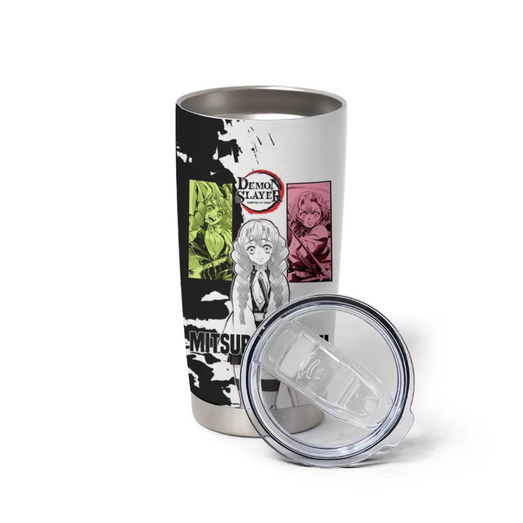 Mitsuri Kanroji from Demon Slayer Tumbler Cup with Black and White Split Background and Energetic Sword Pose Manga Style Design - The Mazicc