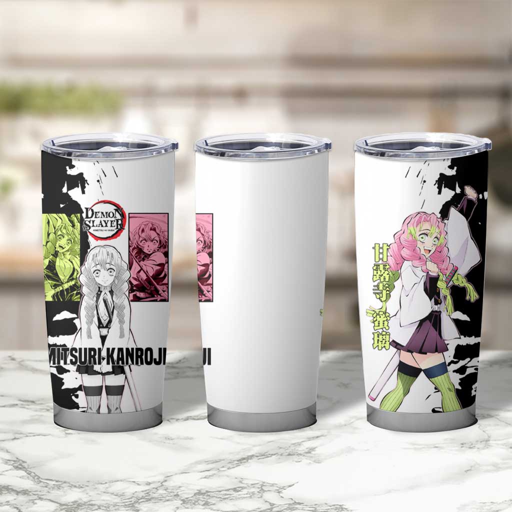Mitsuri Kanroji from Demon Slayer Tumbler Cup with Black and White Split Background and Energetic Sword Pose Manga Style Design - The Mazicc