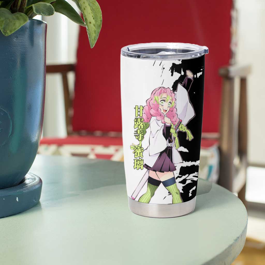 Mitsuri Kanroji from Demon Slayer Tumbler Cup with Black and White Split Background and Energetic Sword Pose Manga Style Design - The Mazicc