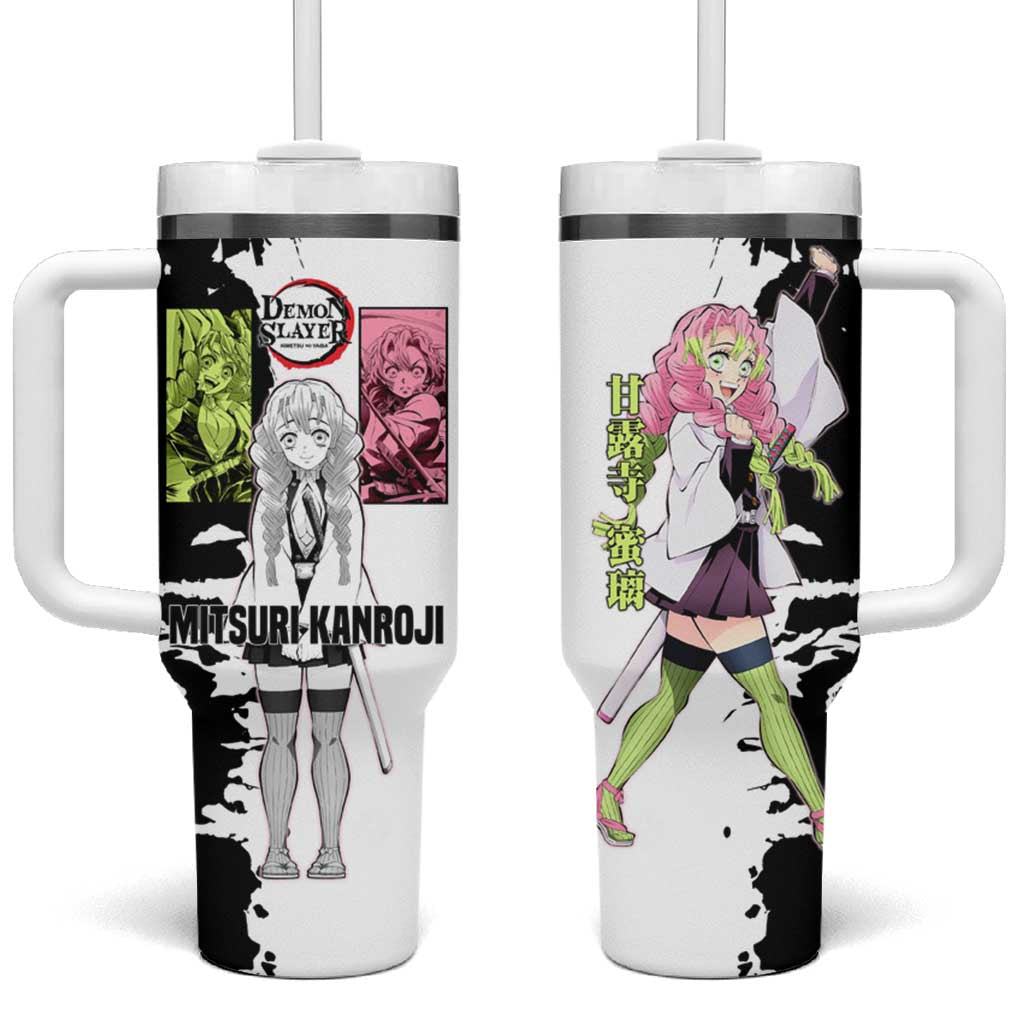 Mitsuri Kanroji from Demon Slayer Tumbler With Handle with Black and White Split Background and Energetic Sword Pose Manga Style Design - The Mazicc