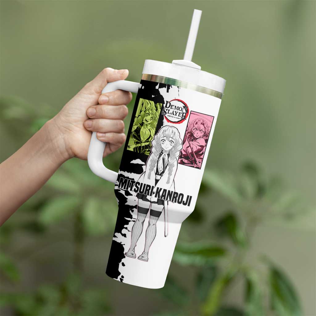 Mitsuri Kanroji from Demon Slayer Tumbler With Handle with Black and White Split Background and Energetic Sword Pose Manga Style Design - The Mazicc