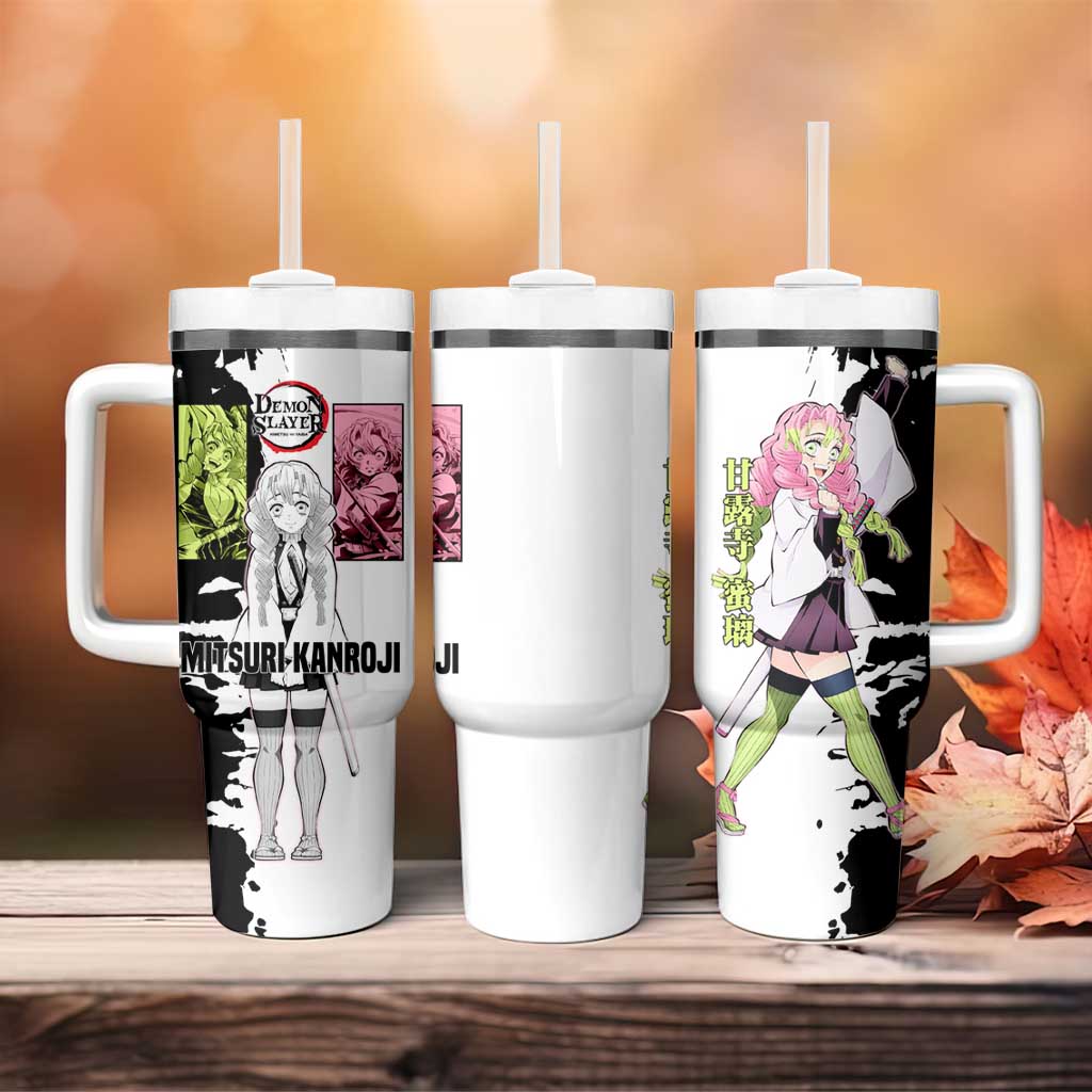 Mitsuri Kanroji from Demon Slayer Tumbler With Handle with Black and White Split Background and Energetic Sword Pose Manga Style Design - The Mazicc