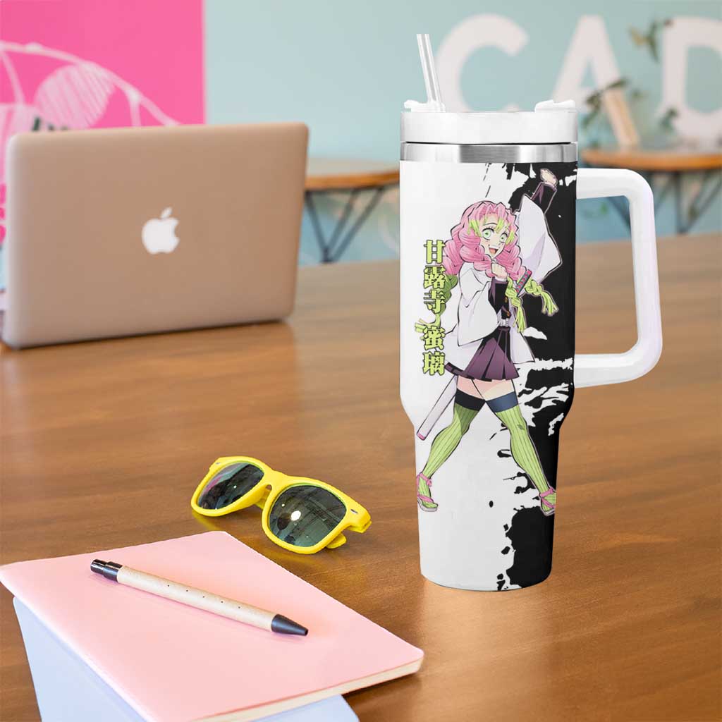 Mitsuri Kanroji from Demon Slayer Tumbler With Handle with Black and White Split Background and Energetic Sword Pose Manga Style Design - The Mazicc