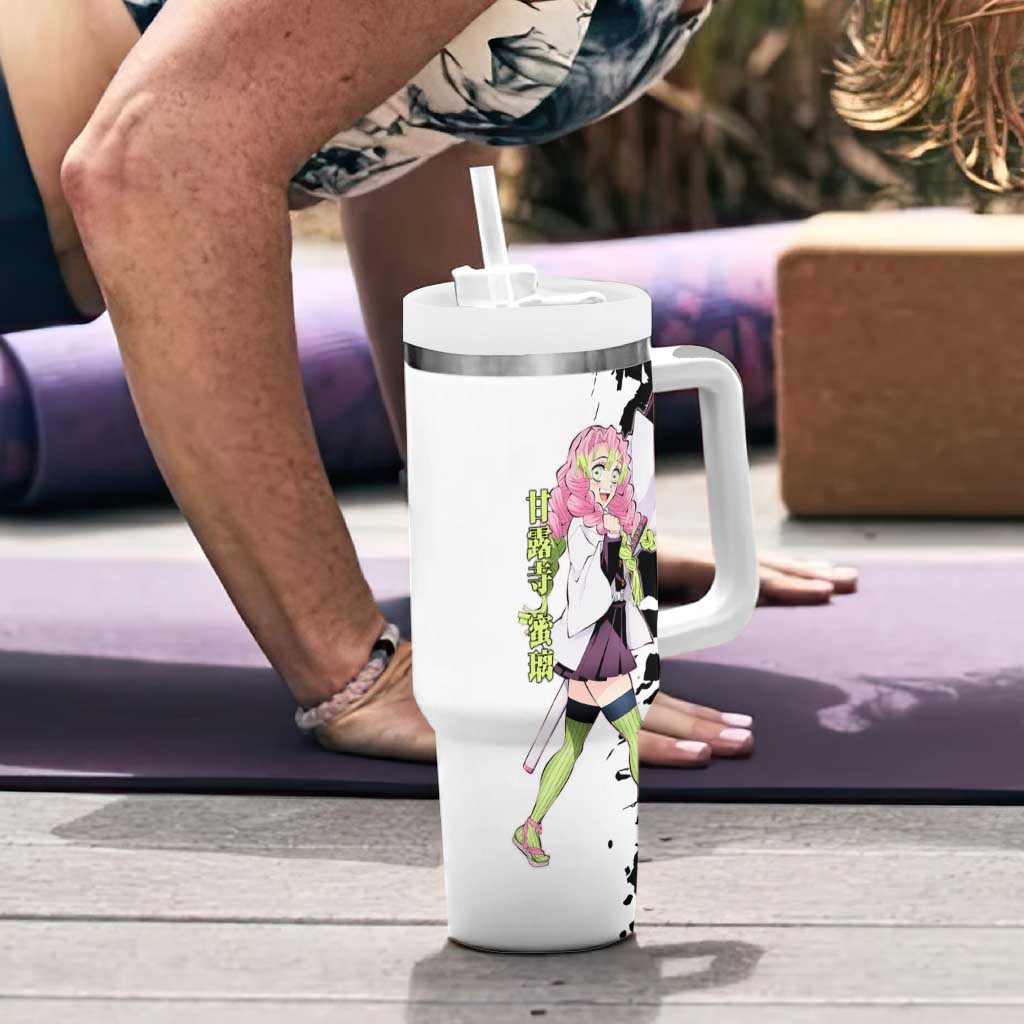 Mitsuri Kanroji from Demon Slayer Tumbler With Handle with Black and White Split Background and Energetic Sword Pose Manga Style Design - The Mazicc
