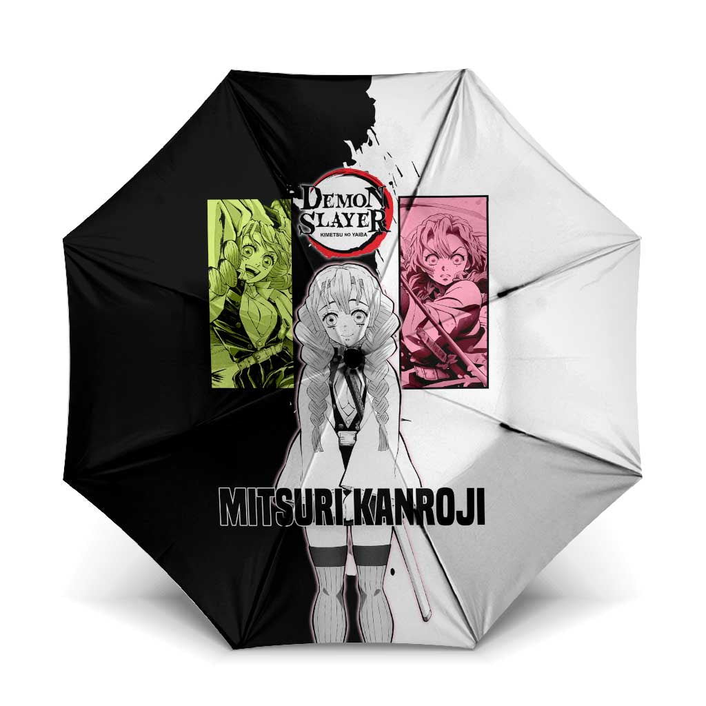 Mitsuri Kanroji from Demon Slayer Umbrella with Black and White Split Background and Energetic Sword Pose Manga Style Design - The Mazicc