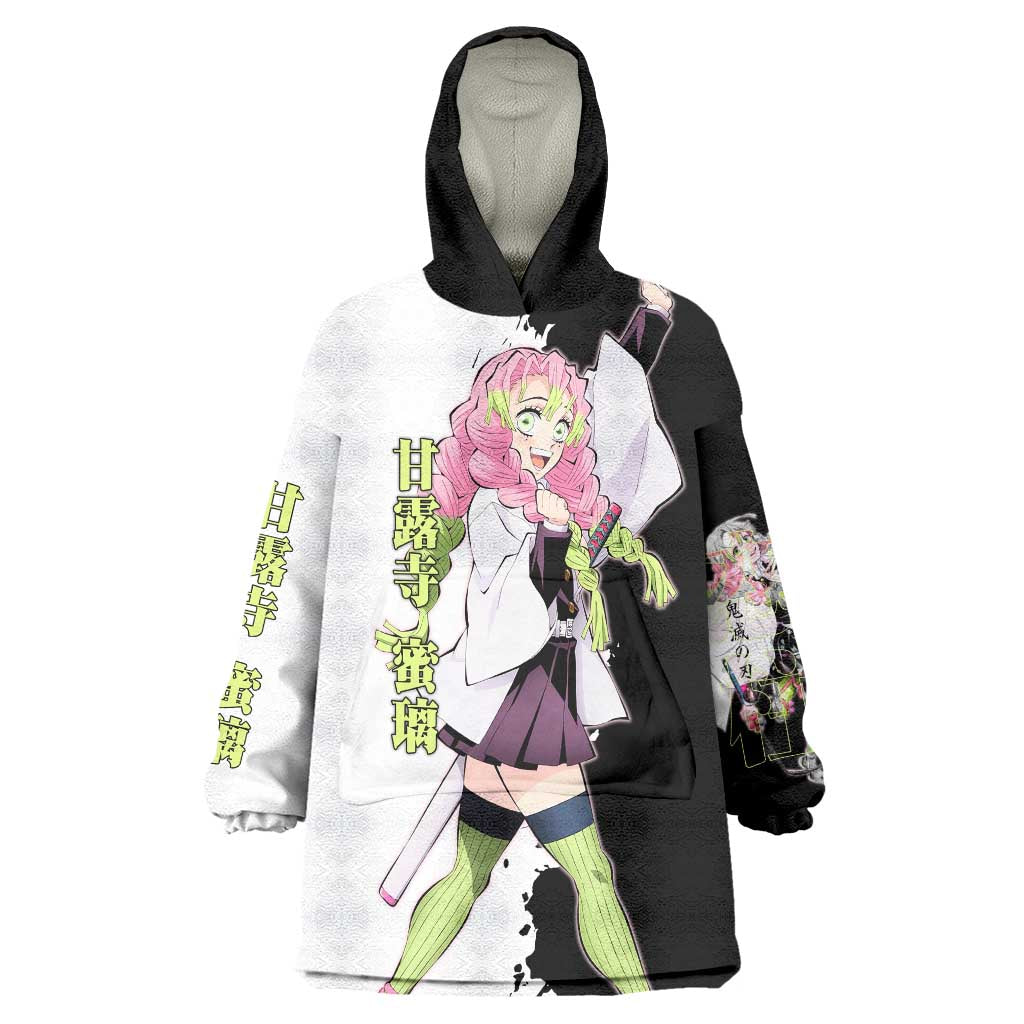 Mitsuri Kanroji from Demon Slayer Wearable Blanket Hoodie with Black and White Split Background and Energetic Sword Pose Manga Style Design - The Mazicc