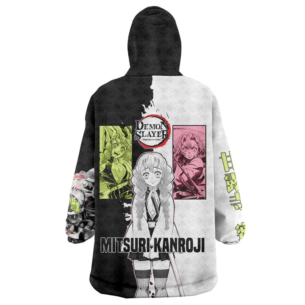 Mitsuri Kanroji from Demon Slayer Wearable Blanket Hoodie with Black and White Split Background and Energetic Sword Pose Manga Style Design - The Mazicc
