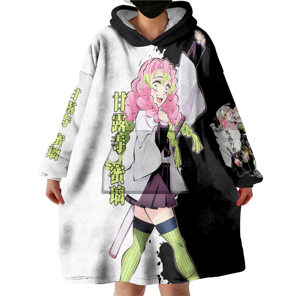 Mitsuri Kanroji from Demon Slayer Wearable Blanket Hoodie with Black and White Split Background and Energetic Sword Pose Manga Style Design - The Mazicc