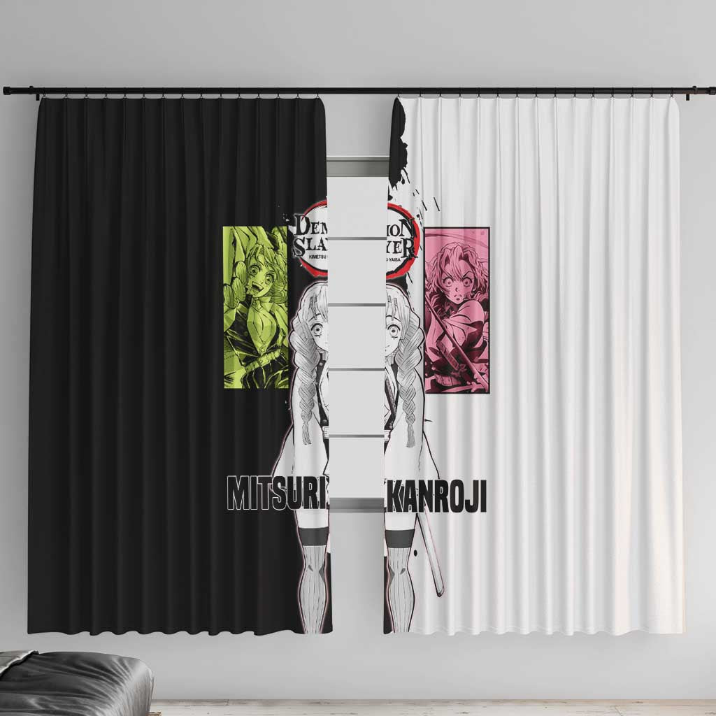 Mitsuri Kanroji from Demon Slayer Window Curtain with Black and White Split Background and Energetic Sword Pose Manga Style Design - The Mazicc