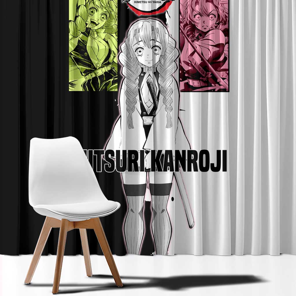 Mitsuri Kanroji from Demon Slayer Window Curtain with Black and White Split Background and Energetic Sword Pose Manga Style Design - The Mazicc