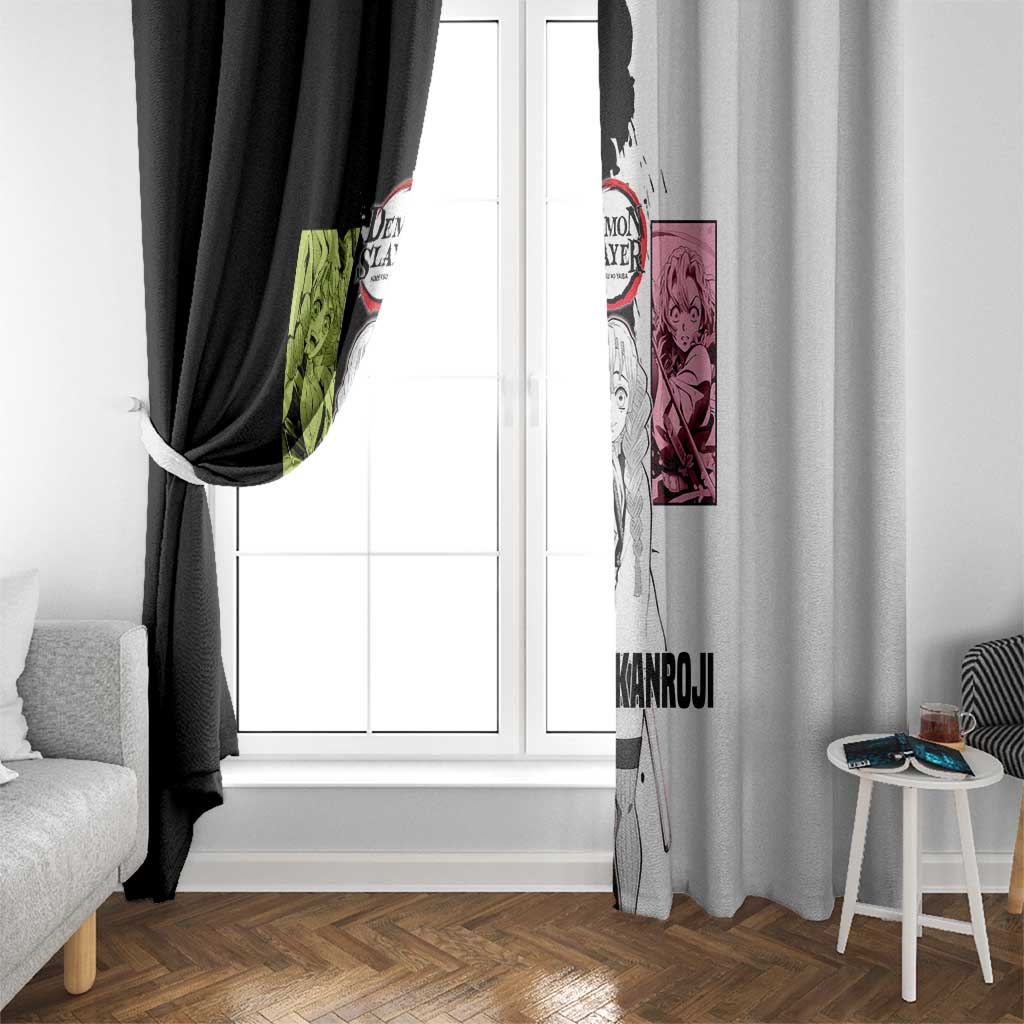Mitsuri Kanroji from Demon Slayer Window Curtain with Black and White Split Background and Energetic Sword Pose Manga Style Design - The Mazicc