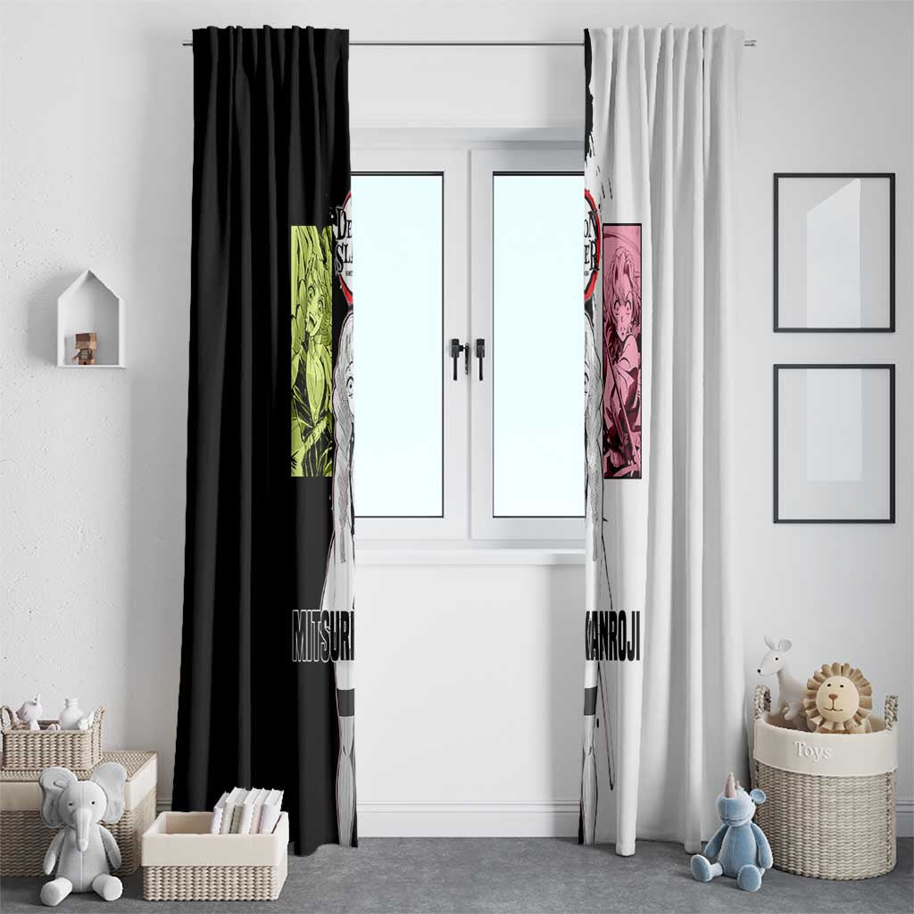 Mitsuri Kanroji from Demon Slayer Window Curtain with Black and White Split Background and Energetic Sword Pose Manga Style Design - The Mazicc
