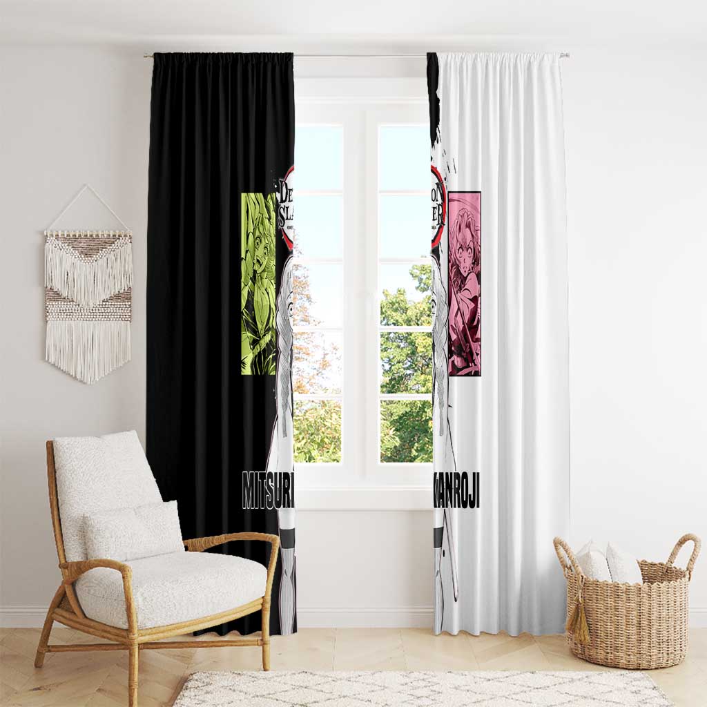 Mitsuri Kanroji from Demon Slayer Window Curtain with Black and White Split Background and Energetic Sword Pose Manga Style Design - The Mazicc