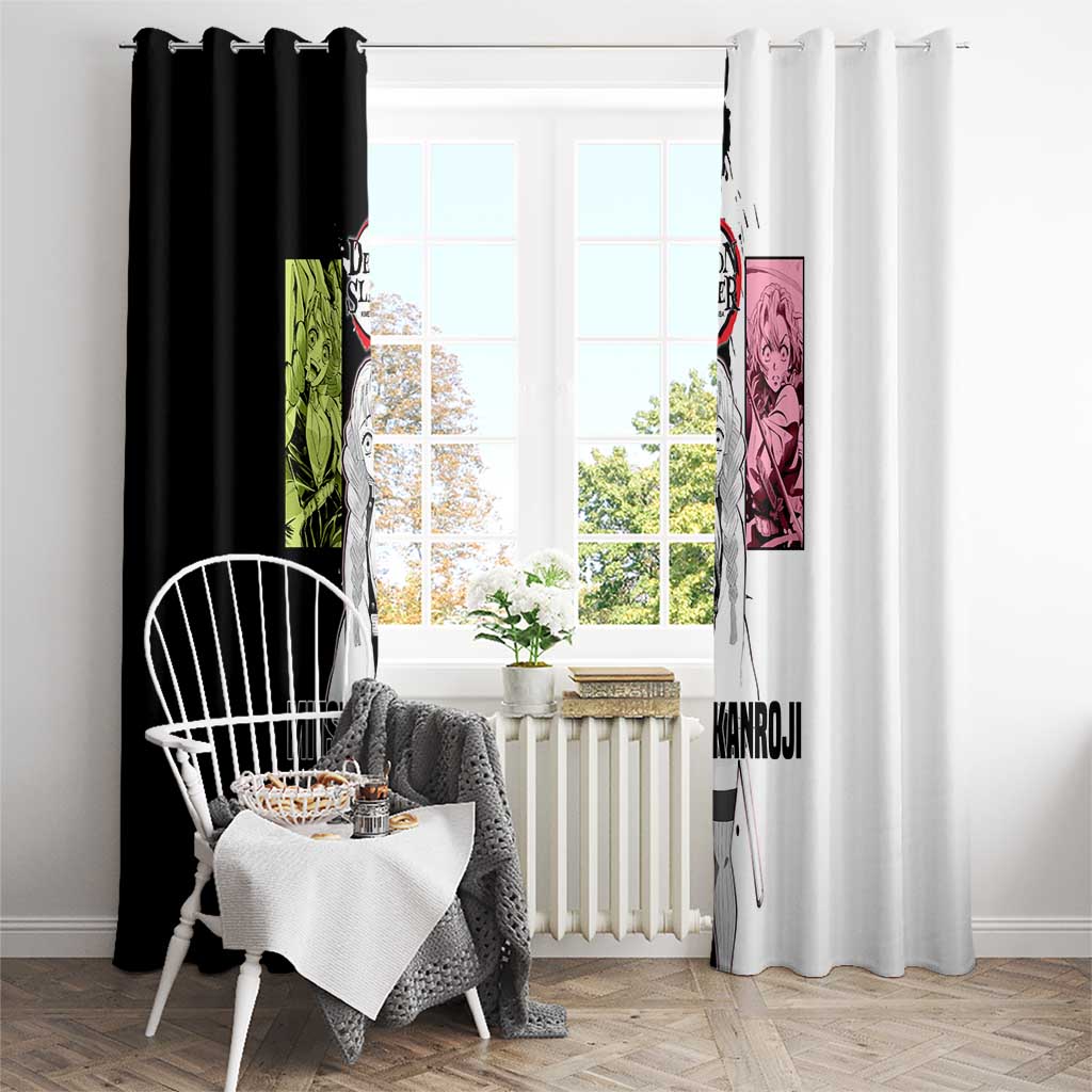 Mitsuri Kanroji from Demon Slayer Window Curtain with Black and White Split Background and Energetic Sword Pose Manga Style Design - The Mazicc