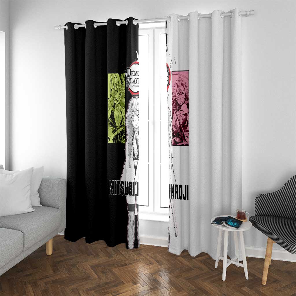 Mitsuri Kanroji from Demon Slayer Window Curtain with Black and White Split Background and Energetic Sword Pose Manga Style Design - The Mazicc