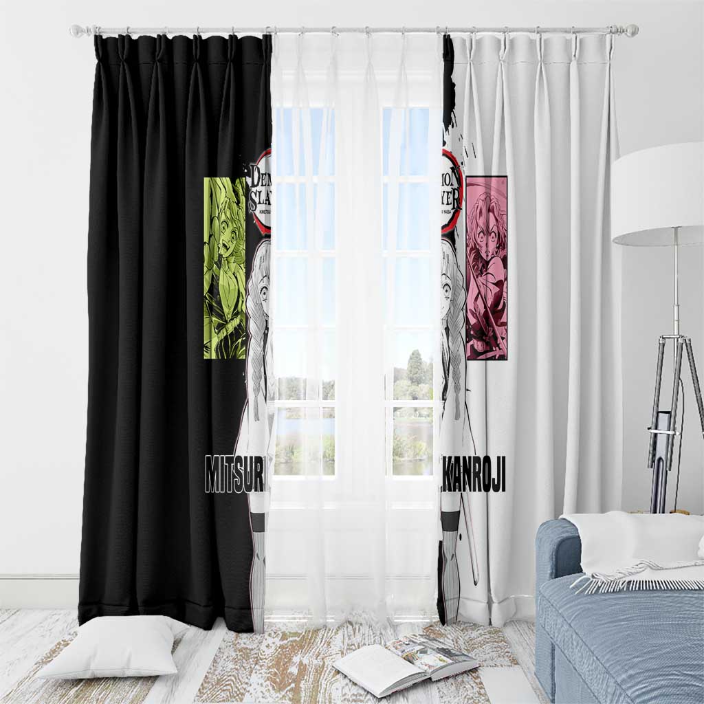 Mitsuri Kanroji from Demon Slayer Window Curtain with Black and White Split Background and Energetic Sword Pose Manga Style Design - The Mazicc