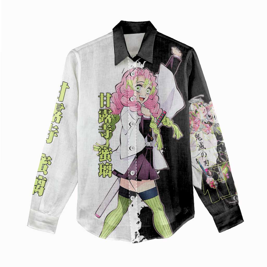 Mitsuri Kanroji from Demon Slayer Women Casual Shirt with Black and White Split Background and Energetic Sword Pose Manga Style Design - The Mazicc