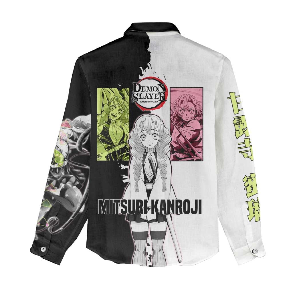 Mitsuri Kanroji from Demon Slayer Women Casual Shirt with Black and White Split Background and Energetic Sword Pose Manga Style Design - The Mazicc