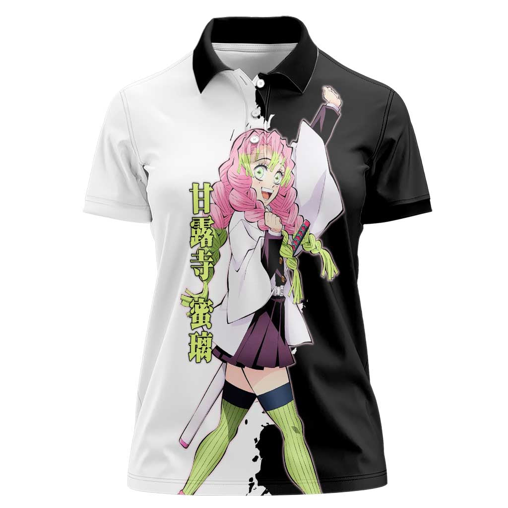 Mitsuri Kanroji from Demon Slayer Women Polo Shirt with Black and White Split Background and Energetic Sword Pose Manga Style Design - The Mazicc