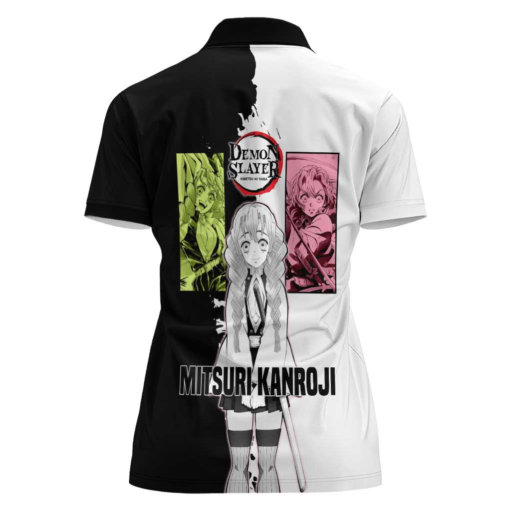 Mitsuri Kanroji from Demon Slayer Women Polo Shirt with Black and White Split Background and Energetic Sword Pose Manga Style Design - The Mazicc