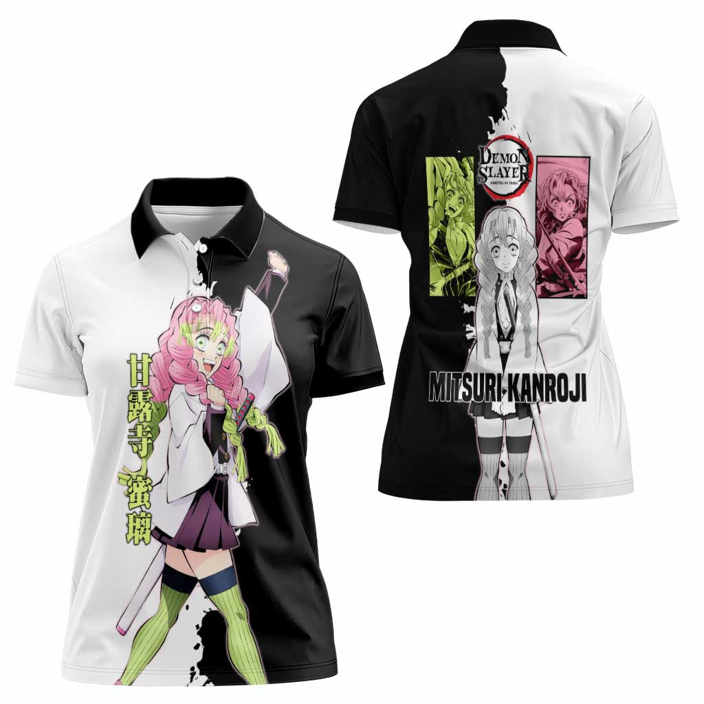 Mitsuri Kanroji from Demon Slayer Women Polo Shirt with Black and White Split Background and Energetic Sword Pose Manga Style Design - The Mazicc