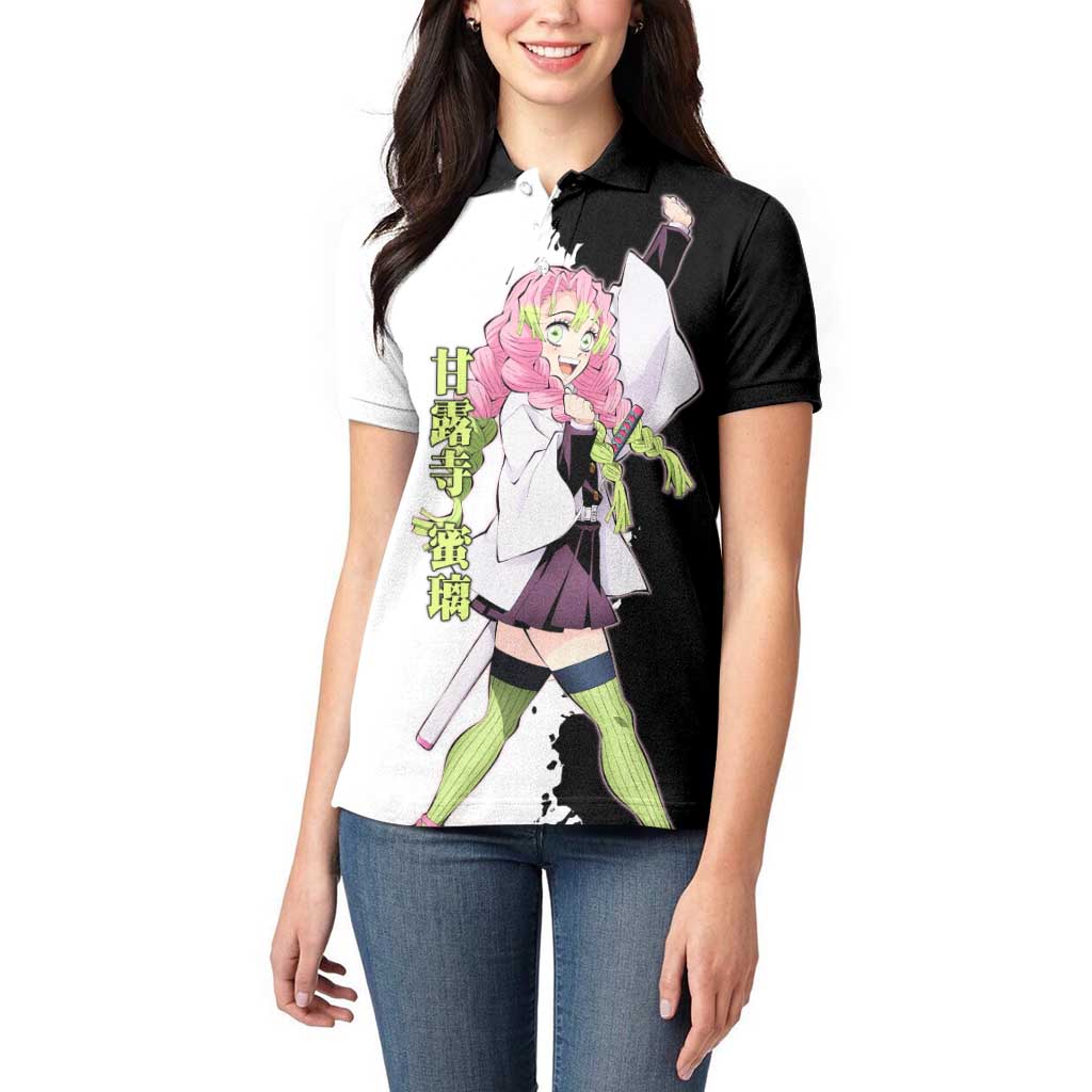 Mitsuri Kanroji from Demon Slayer Women Polo Shirt with Black and White Split Background and Energetic Sword Pose Manga Style Design - The Mazicc