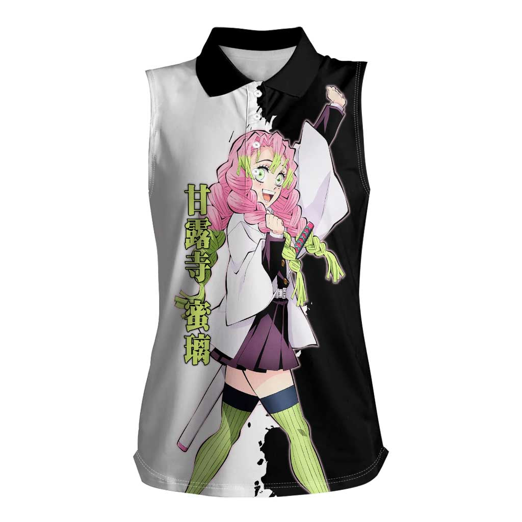 Mitsuri Kanroji from Demon Slayer Women Sleeveless Polo Shirt with Black and White Split Background and Energetic Sword Pose Manga Style Design - The Mazicc
