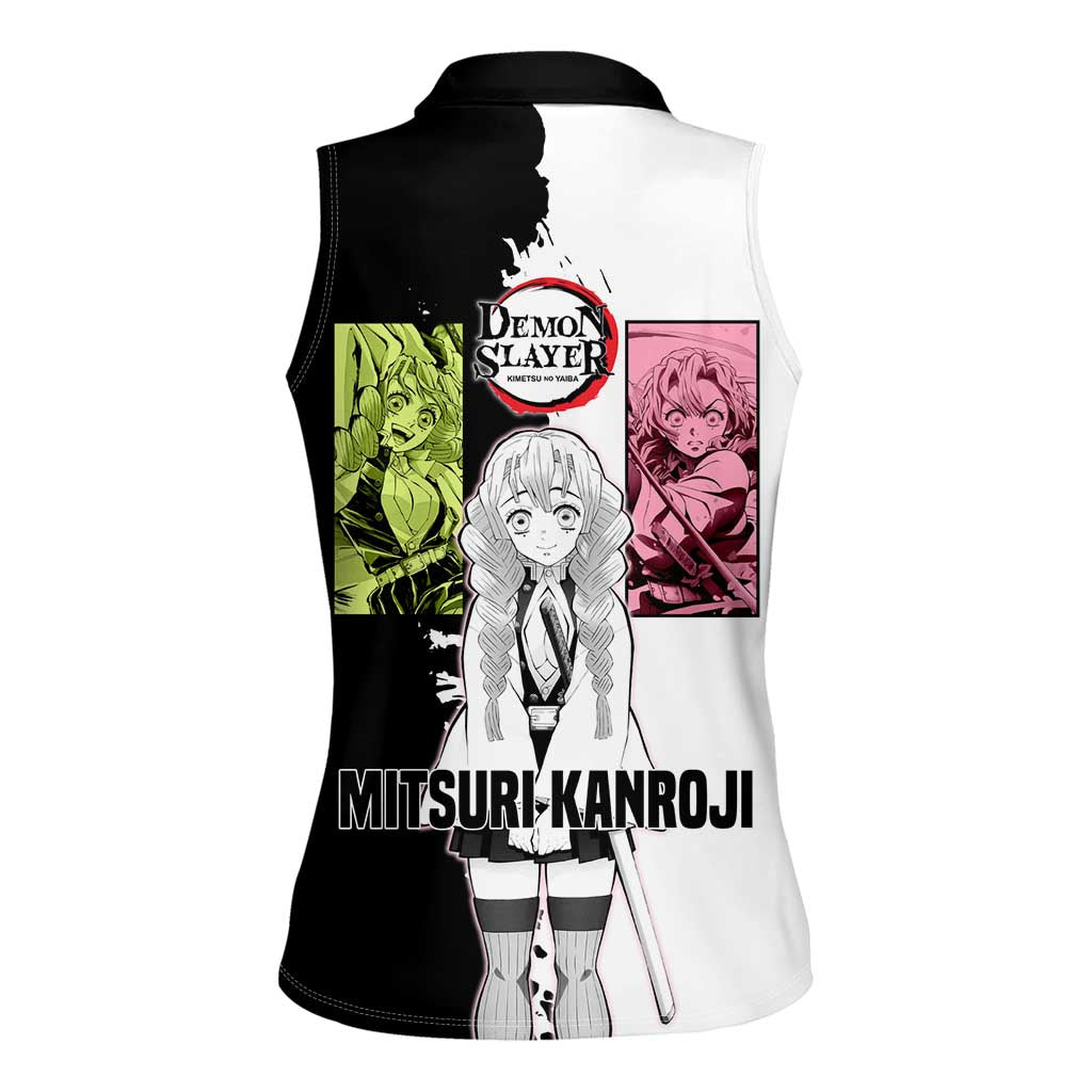 Mitsuri Kanroji from Demon Slayer Women Sleeveless Polo Shirt with Black and White Split Background and Energetic Sword Pose Manga Style Design - The Mazicc