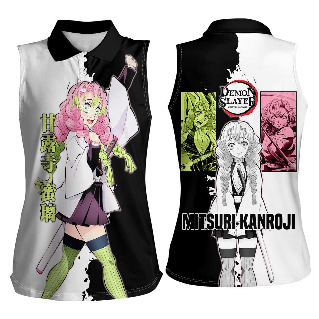 Mitsuri Kanroji from Demon Slayer Women Sleeveless Polo Shirt with Black and White Split Background and Energetic Sword Pose Manga Style Design - The Mazicc