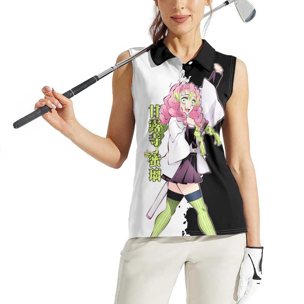 Mitsuri Kanroji from Demon Slayer Women Sleeveless Polo Shirt with Black and White Split Background and Energetic Sword Pose Manga Style Design - The Mazicc